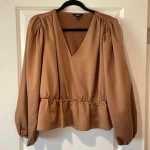 Express Bronze Metallic Long Sleeve Peplum Blouse Puff Sleeves